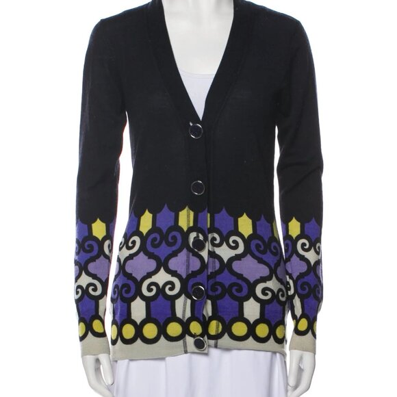 Tory Burch Wool Cardigan Purple Yellow Off-White Black Print Sweater XS - Picture 3 of 7